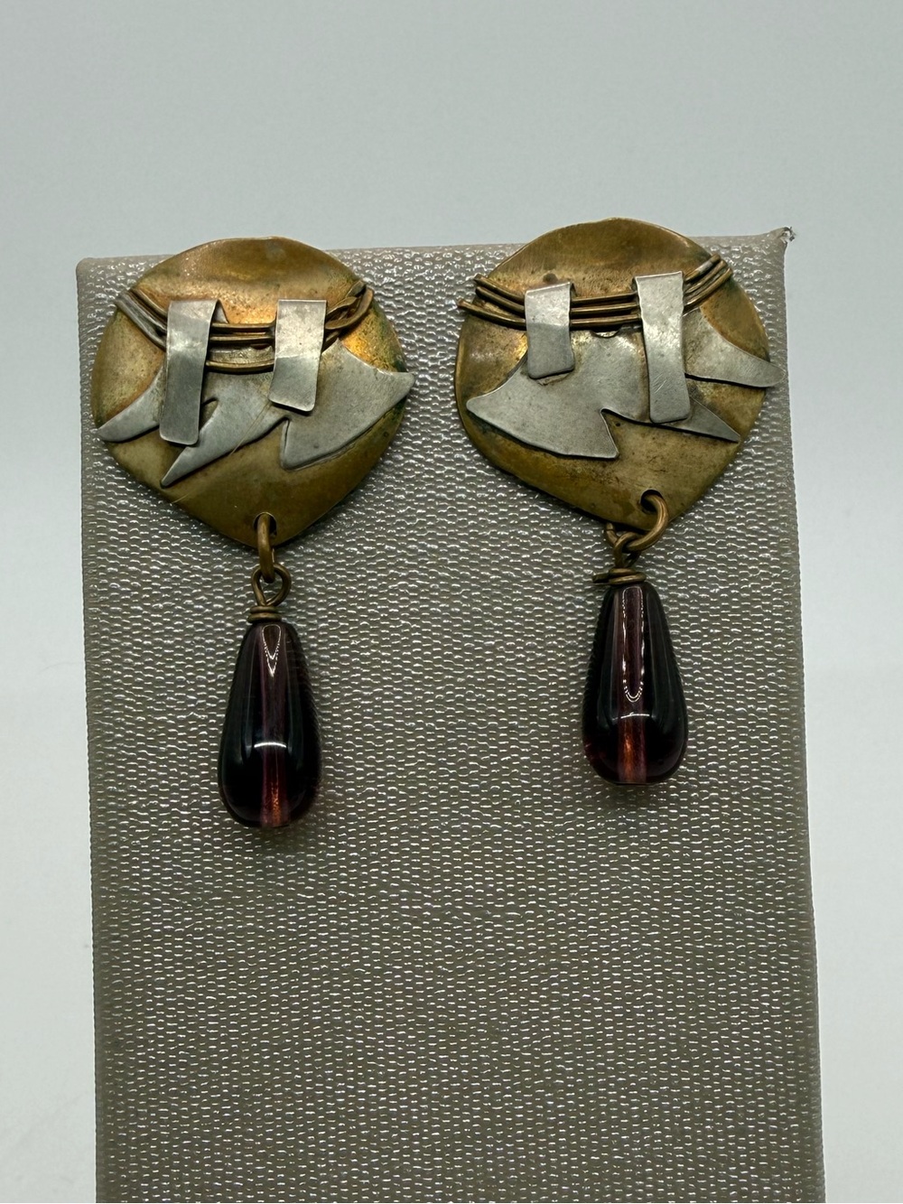 Vintage Mixed Metal Modernist Drop Earrings Purple Glass Beads